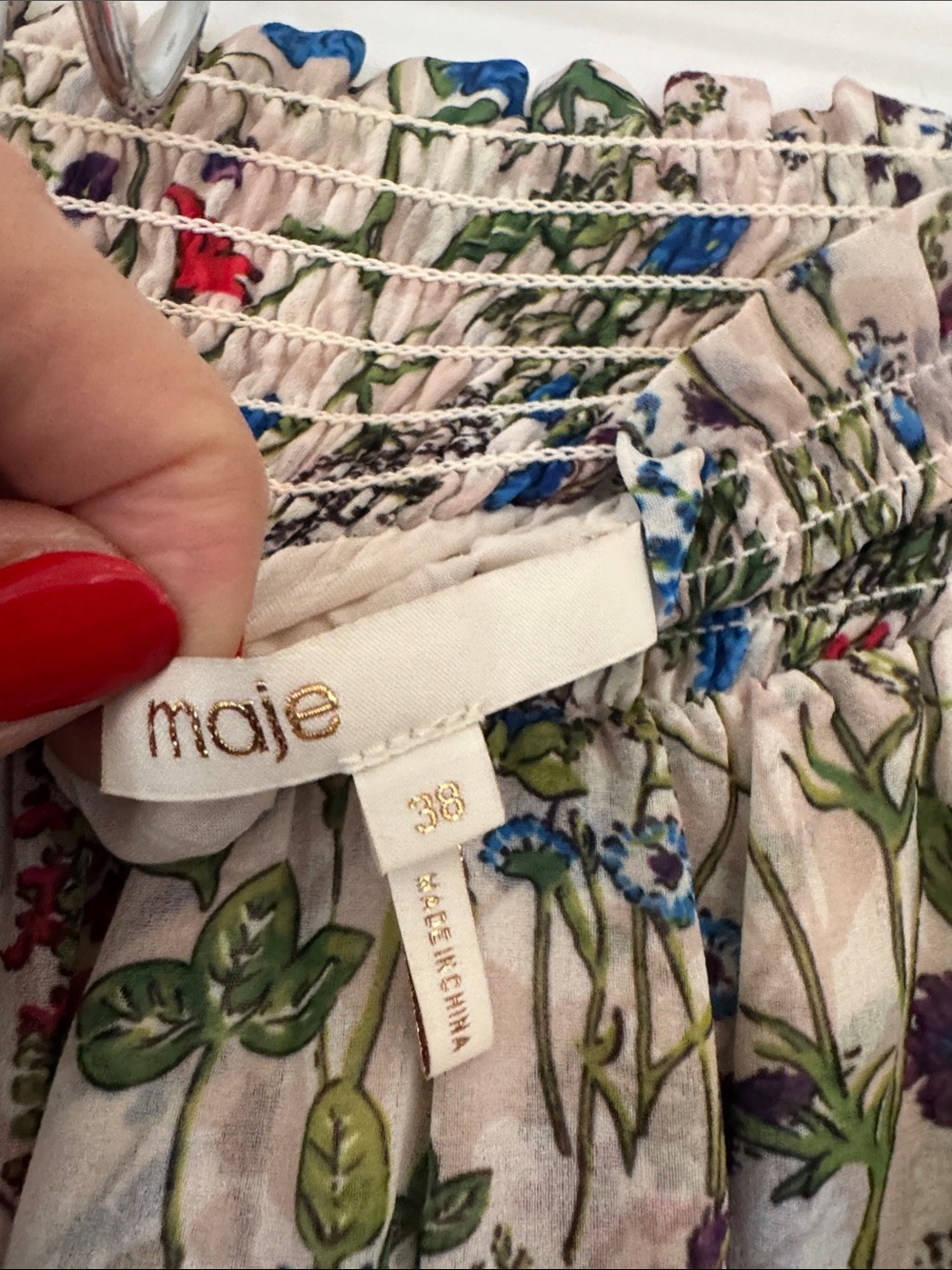 Maje Cream Asymmetrical Floral Tiered Skirt with Green & Blue Print - Picture 5 of 7